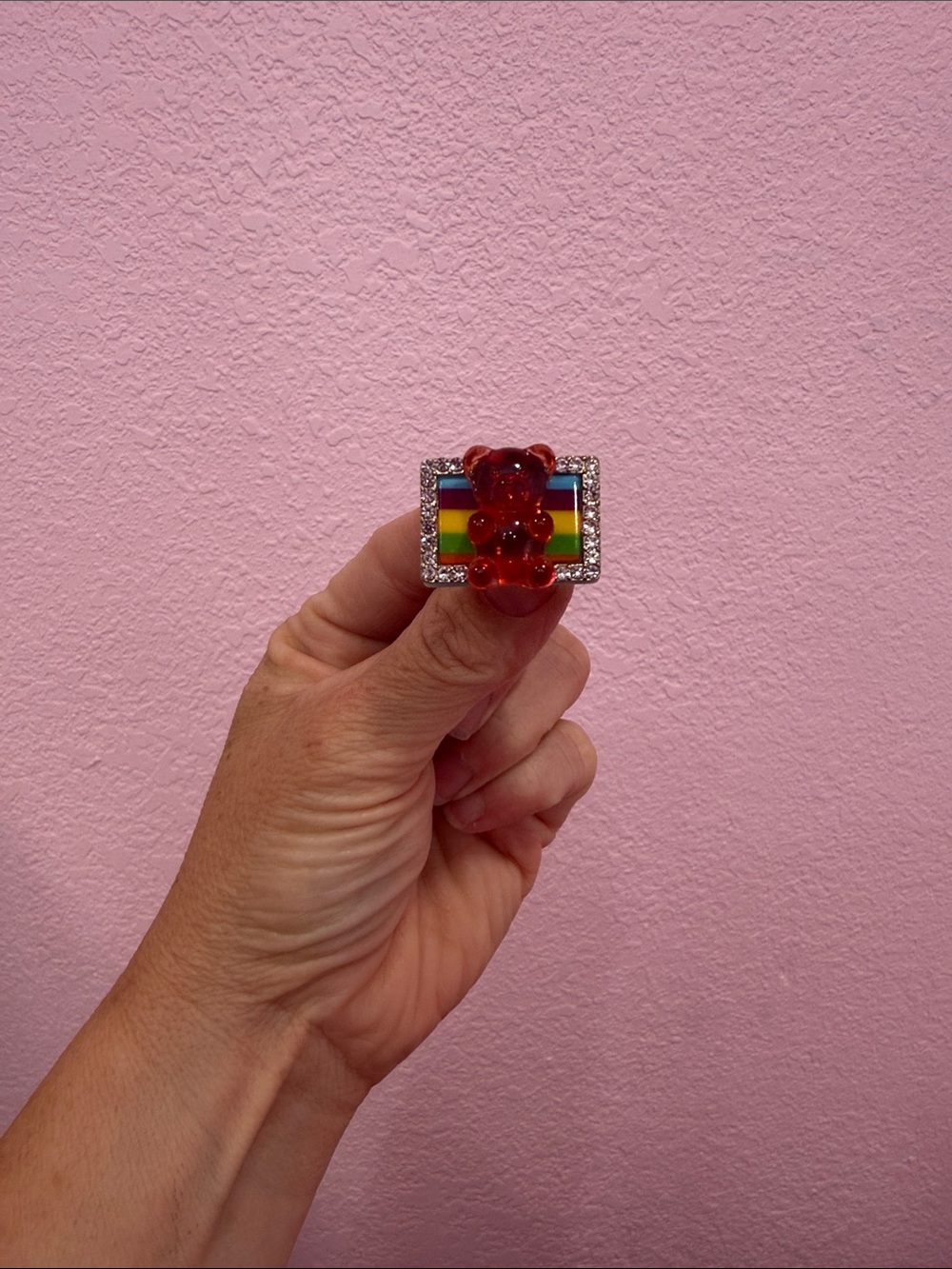 Betsey Johnson Rainbow Stripe Ring with Red Gummy Bear on top